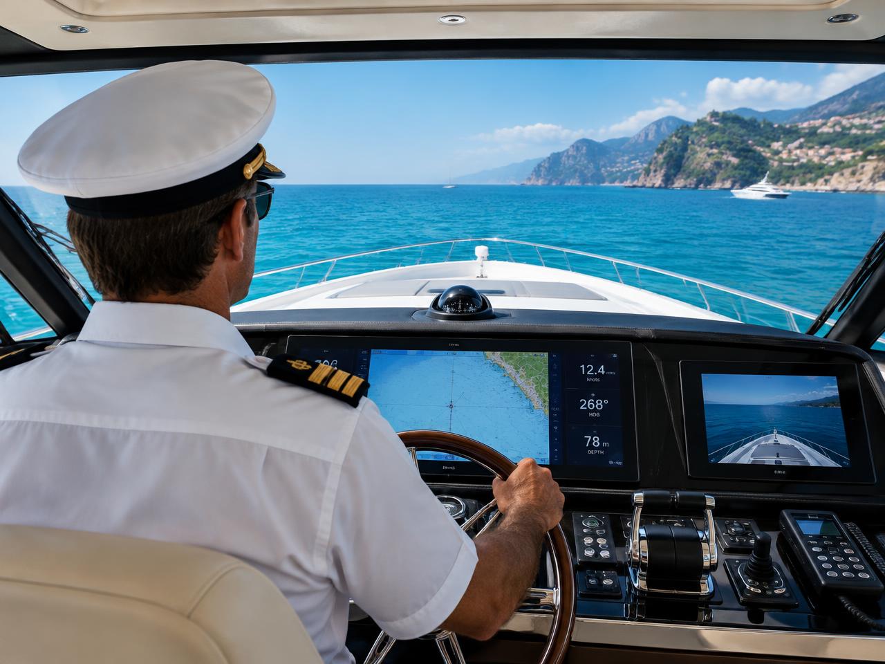 Captain at the helm of a motor yacht looking out to sea