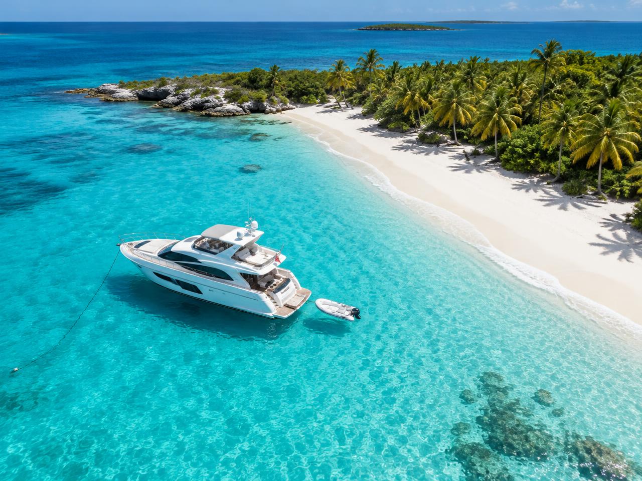 Yacht anchored off a secluded white sand beach in the Bahamas