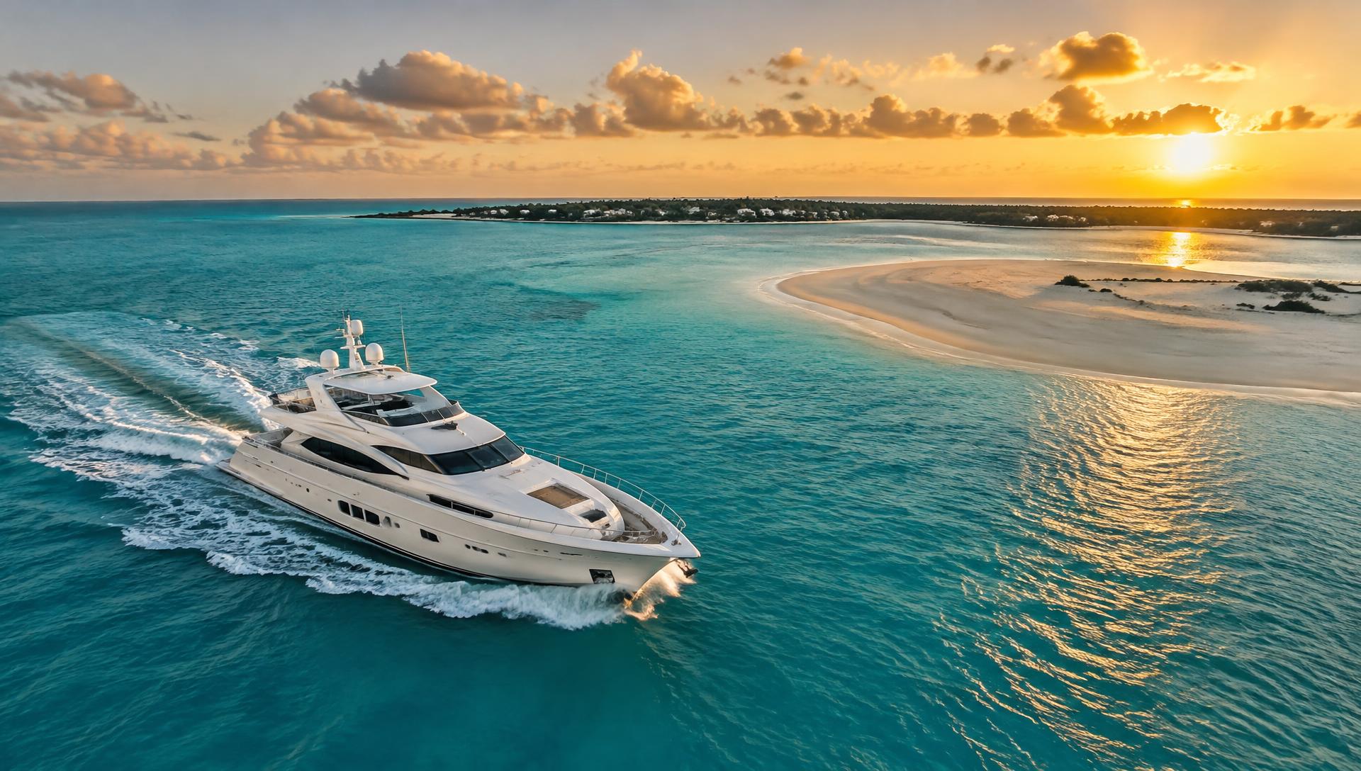 Luxury motor yacht cruising through turquoise Bahamian water at sunset